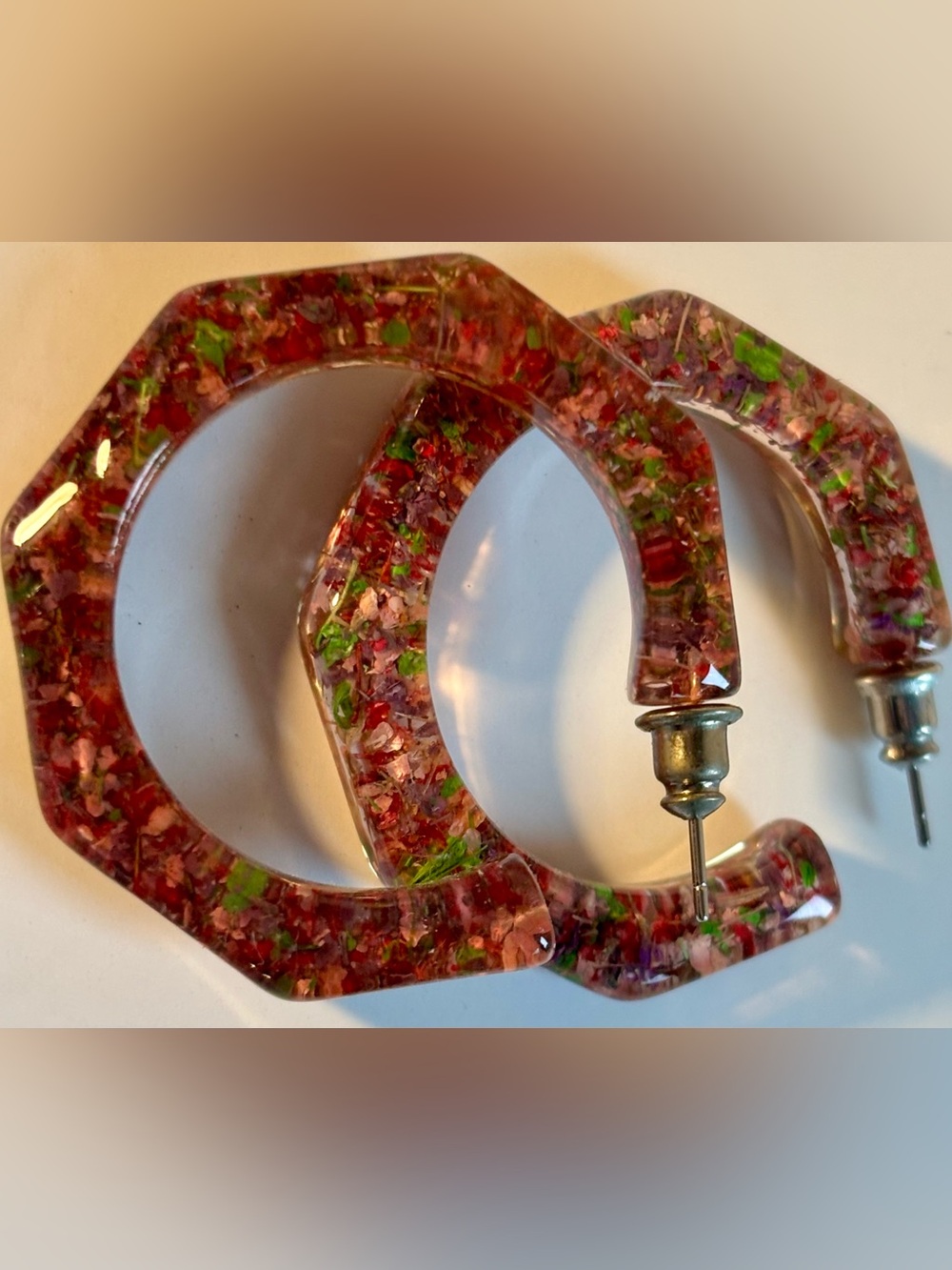 Chunky Hexagon Resin Hoop Earrings Pink Red Green Dried Floral Glitter Geometric